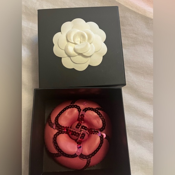 CHANEL Accessories - Chanel Leather Camelia Brooch w/ Box